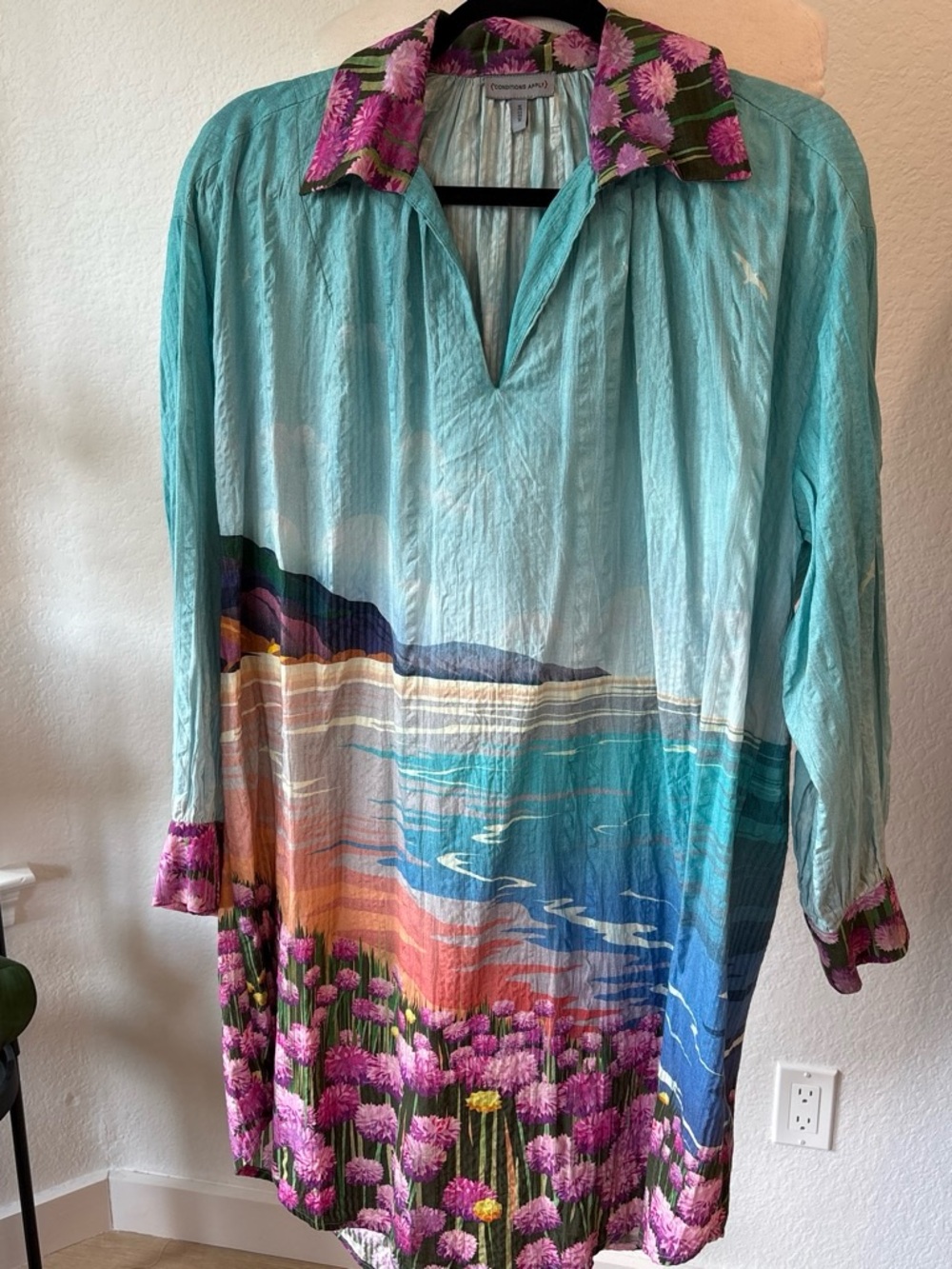 Anthropologie Turquoise Scenic Floral-Print Tunic with Pink Accents